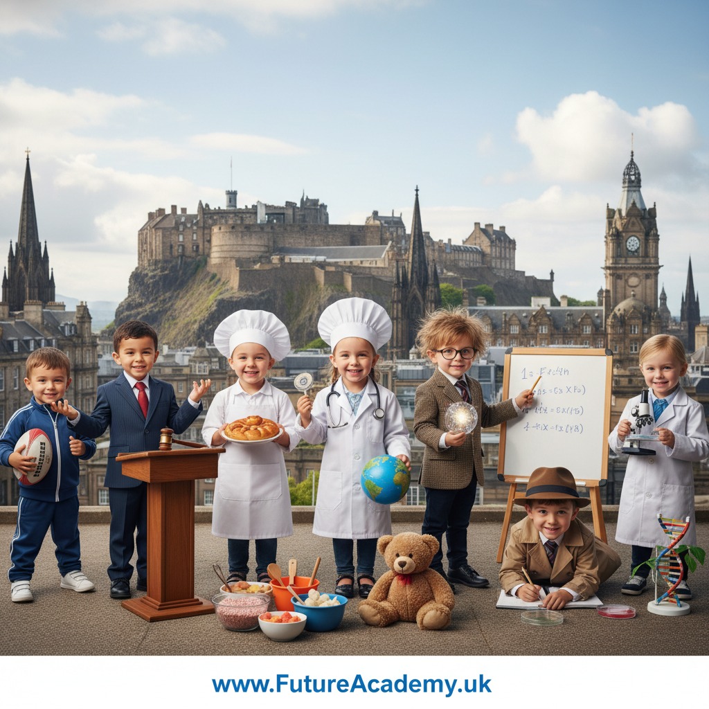 A group of young children dressed in various professional costumes stand in front of Edinburgh Castle with the website address FutureAcademy.uk displayed below.