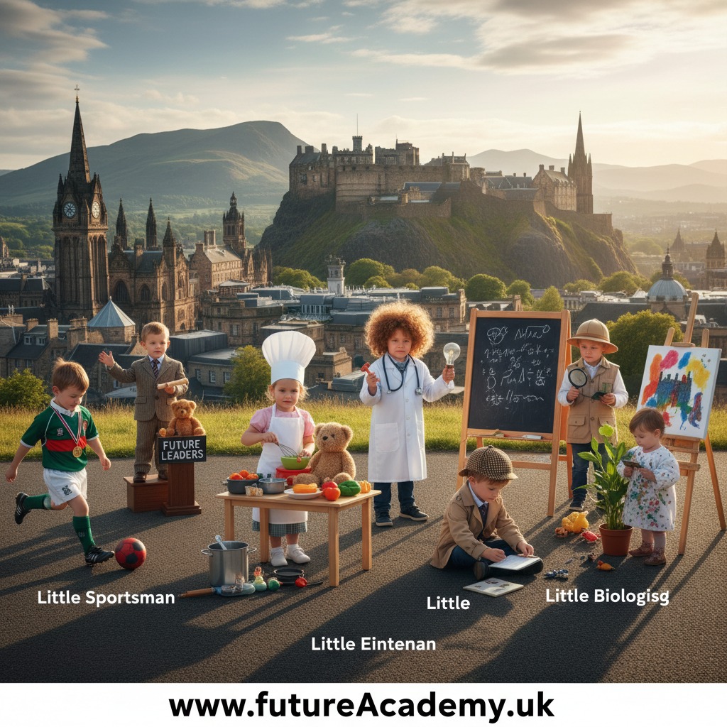A group of young children dressed in various professional costumes play in front of Edinburgh Castle.