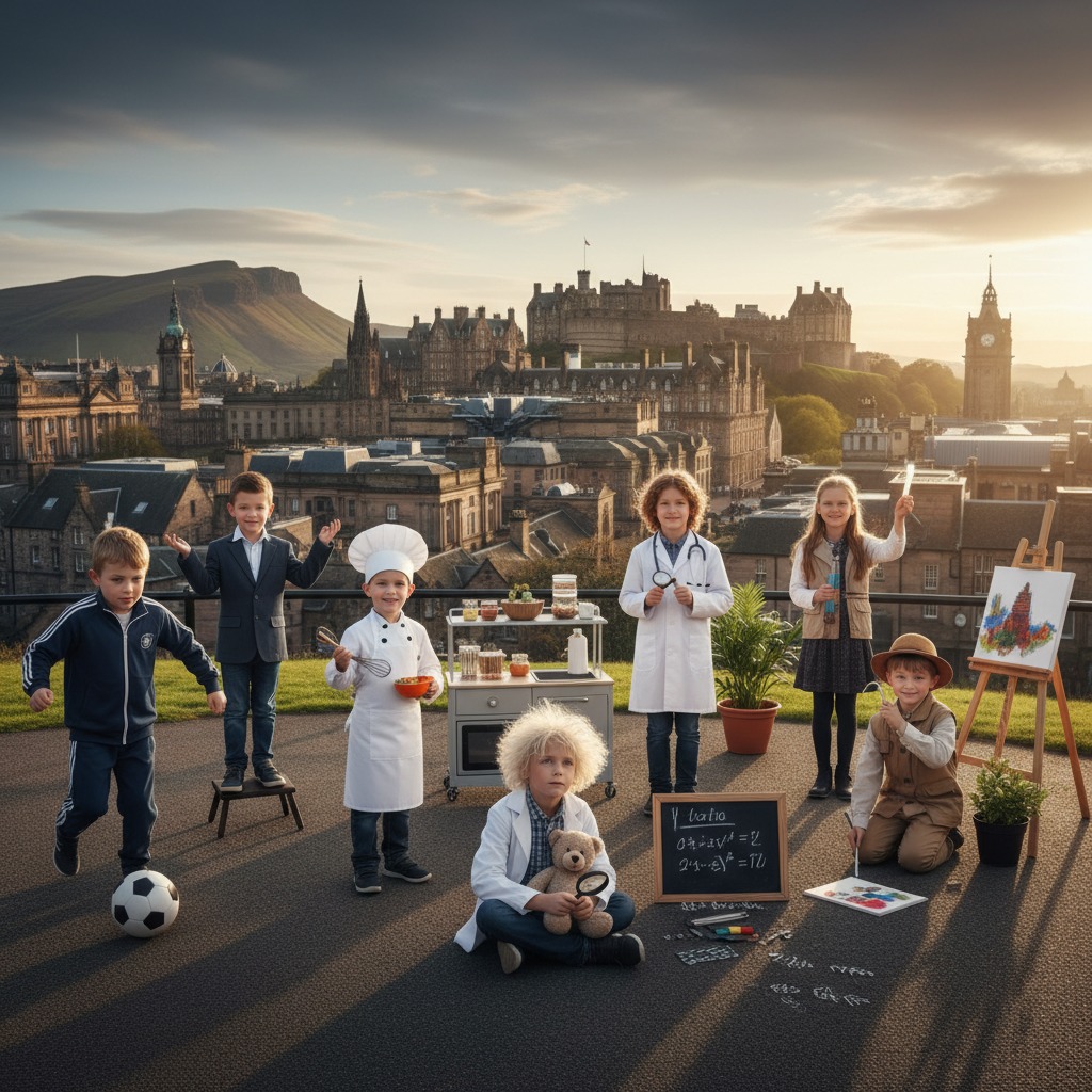 A group of children dressed in various professional costumes pose on a rooftop terrace overlooking the Edinburgh skyline at sunset.