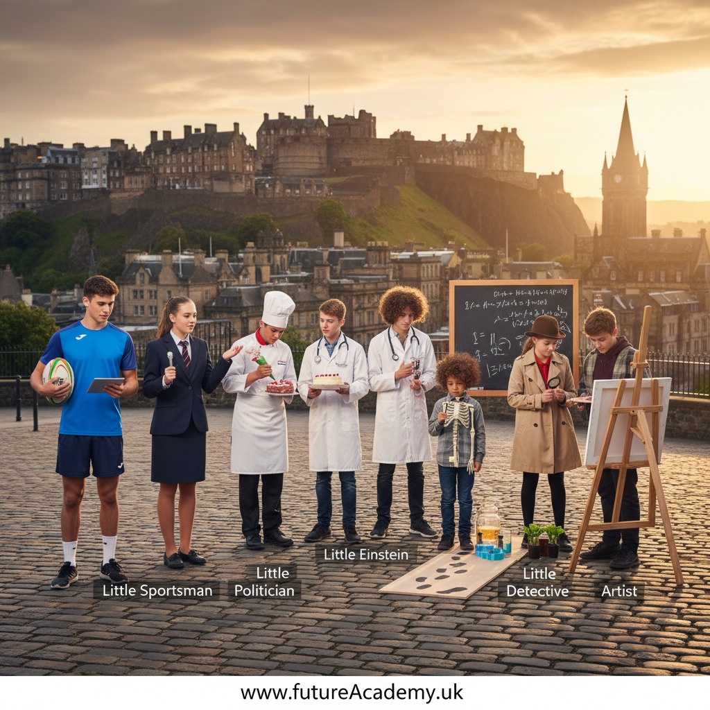 A group of children dressed in various professional costumes stand on a cobblestone street in front of Edinburgh Castle at sunset.