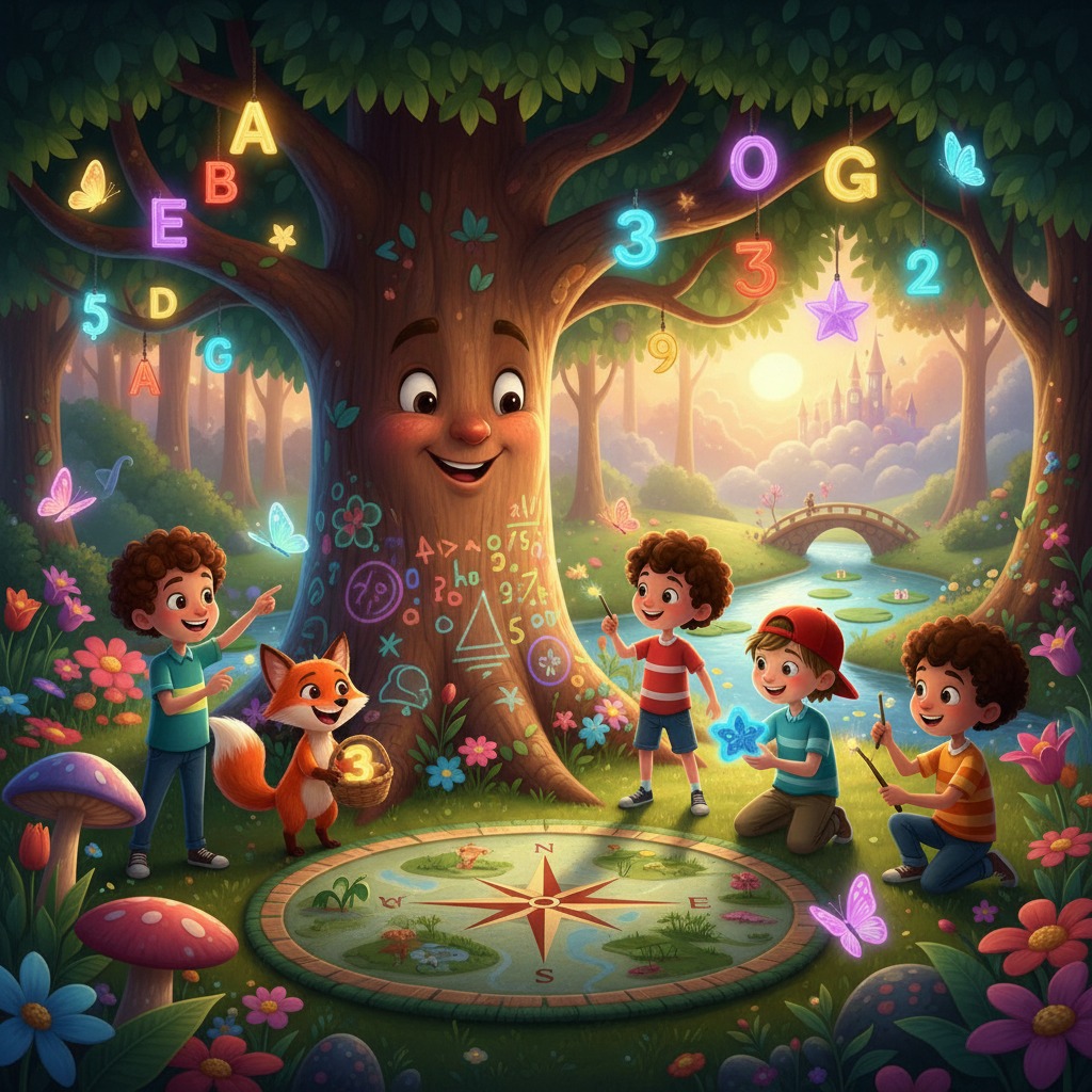 Four children and a fox gather around a magical tree in a whimsical forest filled with glowing letters, numbers, and a compass on the ground.