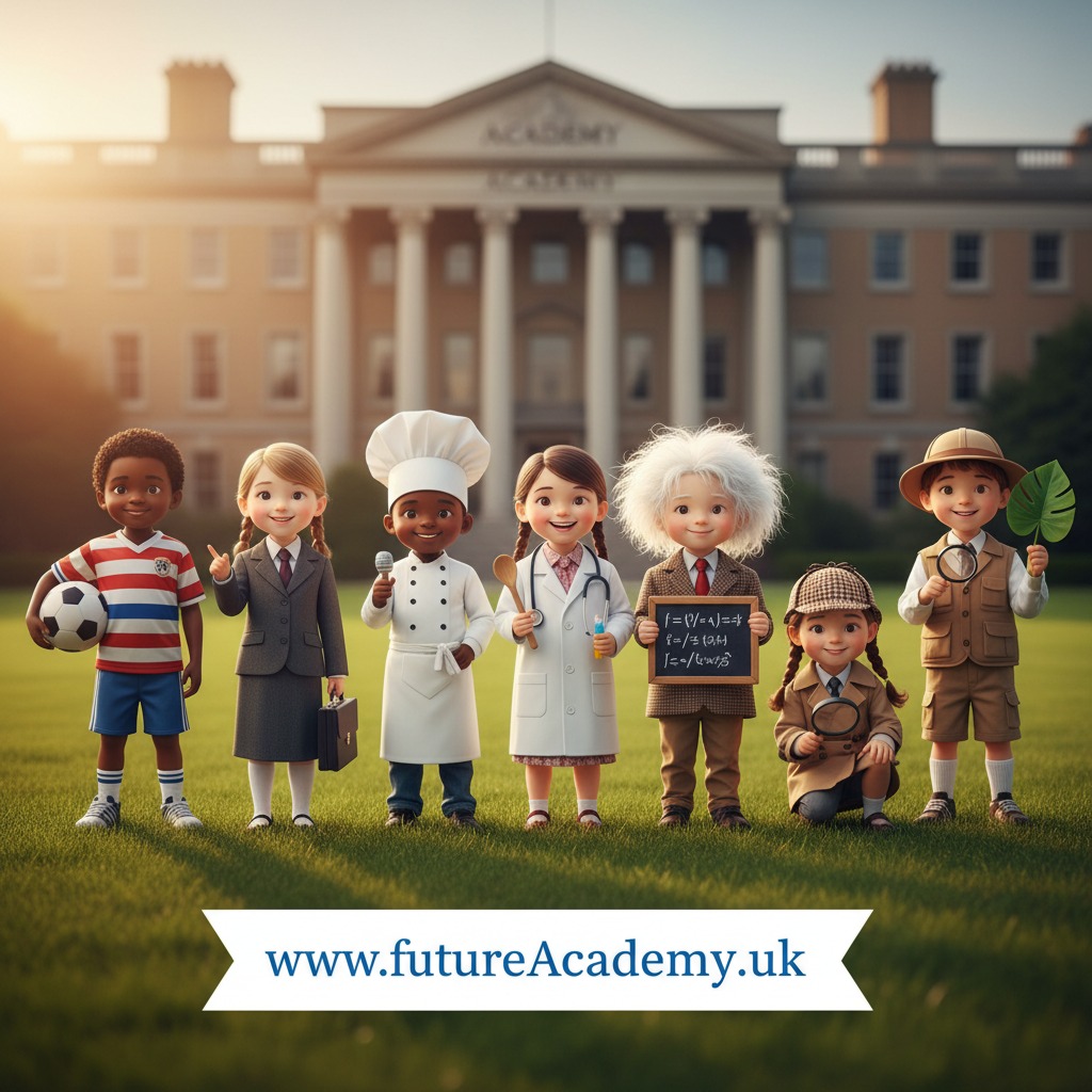 Seven children dressed in various professional costumes stand on a lawn in front of a large academy building.